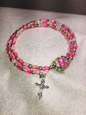 Pink & Silver Memory Wire Bracelet w/ Floral Bead & Cross Charm